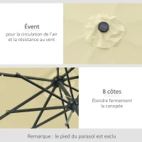 Outsunny Parasol de Jardin Extérieur Rond Ø 265 cm, Lumières LED Solaires, Manivelle Inclinable, Mât en Acier, 8 Baleines, Beige(m-5)