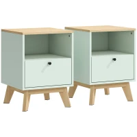 HOMCOM Set de 2 noptiere, noptiere cu sertar și compartiment deschis, 40 x 40 x 55 cm, stejar și verde deschis(m-1)