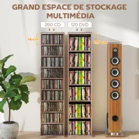 HOMCOM Rangements pour CD et DVD 9 compartiments et 6 étagères réglables capacité max. 260 CD/120 DVD 33 x 24 x 140 cm bois naturel(m-4)