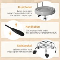 HOMCOM Rollhocker, Drehbarer und verstellbarer Hocker mit Rückenlehne, Kunstlederbezug, Fußstütze, für Frisiertische, Grau(m-6)
