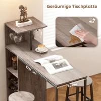 HOMCOM 3-tlg. Bartisch-Set mit Stauraum, Weinregalen, Glashaltern, Hockern mit Fußstütze, für kleine Räume, Grau(m-5)