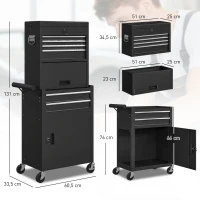 HOMCOM Servante d'atelier en acier verrouillable, chariot à outils sur roulettes 3 en 1 avec 6 tiroirs et panneau perforé, noir(m-3)
