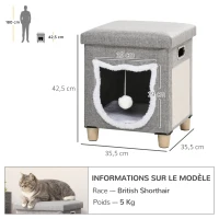 PawHut Niche chat interieur maison chat interieur 2 en 1 pied en bois coussin amovible lavable balle, 35,5x35,5x42,5cm, gris(m-3)