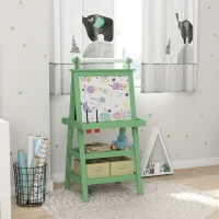 AIYAPLAY Tableau chevalet enfant 3 en 1 avec tableau blanc magnétique, tableau à craie, rouleau papier, 2 paniers, 3-6 ans, vert(m-10)