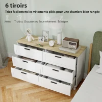 HOMCOM Commode 6 tiroirs, meuble de rangement avec pieds en bois de pin, style moderne, 120 x 38 x 71 cm, bois naturel et blanc(m-4)