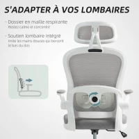 HOMCOM Chaise Bureau Ergonomique, Fauteuil de Bureau en Maille avec Accoudoirs Rabattables, Hauteur Réglable, 64x62x115cm, Gris(m-5)
