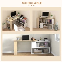 HOMCOM Bureau d'angle bureau informatique modulable bibliothèque intégrée + étagère 3 niveaux blanc et bois naturel(m-5)