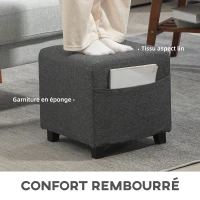 HOMCOM Repose pied salon, ottoman, siège rembourré capitonné en tissu aspect lin avec poche latérale, 35 x 35 x 35 cm, gris(m-6)