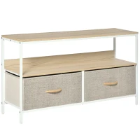 HOMCOM Meuble TV Bas sur Pieds Style Industriel 2 tiroirs en Tissu Gris Bois Naturel et métal Blanc(m-11)