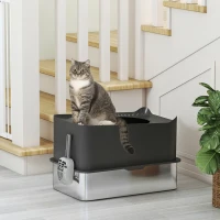 PawHut Bac à litière pour chat en acier inoxydable 85L grande capacité maison de toilette semi-fermée, 60 x 40 x 38 cm noir(m-8)