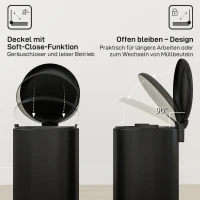 HOMCOM 20-Liter Küchen-Mülleimer, Fingerabdruckresistenter Metall-Abfalleimer mit Soft-Close-Deckel, Fußpedal und herausnehmbarem Eimer, Schwarz(m-5)