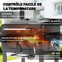 Outsunny Barbecue au charbon avec bac à charbon réglable, chariot grill de jardin fumoir avec tablettes latérales et thermomètre(m-6)