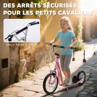 HOMCOM Trottinette patinette Enfant à partir de 5 Ans Grands pneus Guidon réglable poignées Freins et béquille Acier Rose(m-6)