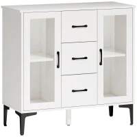 HOMCOM Modernes Sideboard mit Soft-Close-Türen, Buffetschrank mit 3 Schubladen, 2 Glastüren, verstellbare Regale, MDF, Weiß(m-1)