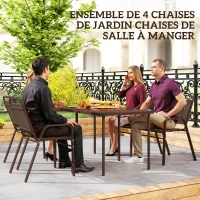Outsunny Lot de 4 chaises de jardin chaises empilables d'extérieur haut dossier et accoudoirs cadre acier 56x66x91cm marron foncé(m-4)
