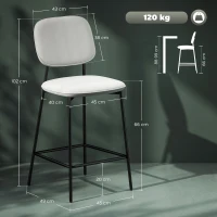 HOMCOM 2er-Set Barhocker, Bistrohocker mit Fußstütze, Samt-Bezug, Stahlbeinen, für Esszimmer, 45 x 49 x 102 cm, Hellgrau(m-3)