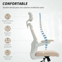 HOMCOM Chaise bureau ergonomique, fauteuil de bureau, accoudoirs relevables, soutien lombaire, appui-tête, 60x63x120cm, beige(m-4)