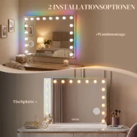 HOMCOM Hollywood Schminkspiegel mit 18 dimmbaren LED-Lampen, 3 Farben, RGB-Licht, Bluetooth-Lautsprecher, 10x Vergrößerung Weiß(m-9)
