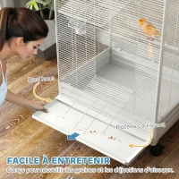 PawHut Cage oiseau sur pied volière oiseaux intérieure sur roulettes 2 mangeoires 8 perchoirs 79 x 65 x 155 cm fil d'acier blanc(m-5)