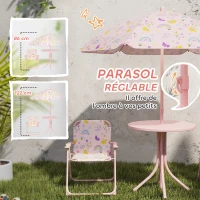 AIYAPLAY Ensemble salon de jardin extérieur enfant 4 pièces, motif arc-en-ciel et fleur, parasol réglable Ø 100cm, chaise pliable(m-5)