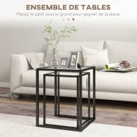 HOMCOM Lot de 2 tables basse gigogne, tables d'appoint empilable, plateau verre trempé cadre acier, patins antidérapants, noir(m-4)