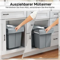 HOMCOM Ausziehbarer Mülleimer, 2 x 20 L, entnehmbare Behälter, Kunststoff, Metall, Grau(m-4)