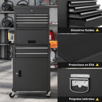HOMCOM Servante d'atelier en acier verrouillable, chariot à outils sur roulettes 3 en 1 avec 6 tiroirs et panneau perforé, noir(m-8)