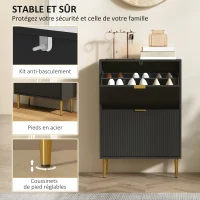 HOMCOM Meuble à chaussures 12 paires avec 2 tiroirs rabattables, portes cannelées et étagères réglables, 60x24x91,5cm, noir(m-7)