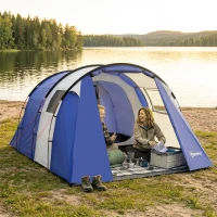 Outsunny Tenda de Campismo para 4 Pessoas, 2 Quartos, Impermeável 3000mm, com Forro de Chão e Saco, 420x300x200cm, Azul Escuro(m-6)