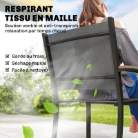 Outsunny Lot de 2 Chaises de Jardin Empilables en Métal et Textilène, Accoudoirs en WPC, Dossier Haut, 56x62x89cm, Gris(m-6)