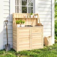 Outsunny Armoire de Jardin en Bois avec Plan de Travail en Métal Galvanisé Tiroir et Étagère 100x45x129,5cm Naturel(m-7)