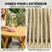 Outsunny Salon de Jardin Ensemble Bistro 3 Pièces Table Ronde et 2 Chaises Pliables Design Boho Bois d'Acacia Cordage PP Naturel(m-6)