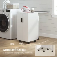 HOMCOM Meuble à repasser 2 en 1, table à repasser pliante sur roulettes avec étagère réglable et charnières, blanc(m-7)