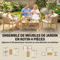 Outsunny Salon de Jardin Extérieur 4 Pièces avec Canapé 2 Fauteuils Table Coussins, Acier Résine Tressée, 120x72x73cm, Kaki(m-4)