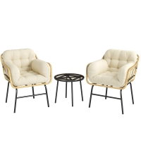 Outsunny 3‑teiliges Gartenmöbel-Set aus Polyrattan, Tisch aus Sicherheitsglas, 2 Sessel mit Kissen, 62x73x79 cm, Khaki