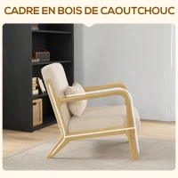 HOMCOM Fauteuil lounge - 3 coussins inclus - assise profonde - accoudoirs - structure bois hévéa - aspect velours beige(m-5)