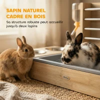 PawHut Râtelier à Foin en Bois pour Lapin Mangeoire Lapin 3 en 1 avec Bac à Litière et Bouteille d'Eau 58x40x32cm Bois Naturel(m-6)
