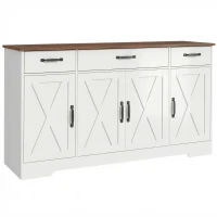 HOMCOM Buffet, meuble de rangement cuisine style ferme avec 4 portes de grange, 3 tiroirs, étagères ajustables, blanc(m-12)