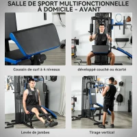 SPORTNOW Station de Musculation avec Pile de Poids de 65 kg, Équipement de Gym à Domicile avec Banc pour Abdominaux, Noir et Bleu(m-4)