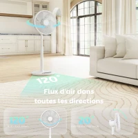 HOMCOM Ventilateur sur pied, ventilateur 39 cm avec 12 vitesses, 4 modes, minuterie 9H, oscillant 120°, hauteur réglable, blanc(m-6)