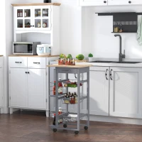 HOMCOM Chariot de service desserte de cuisine à roulettes multi-rangements 3 paniers métal tiroir + 2 range-bouteilles bois pin gris(m-10)