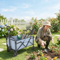 Outsunny Chariot de Jardin Charrette de Transport Pliable Tout-Terrain 66L Charge 68kg Poignée Réglable 81 x 45 x 89 cm Gris(m-10)