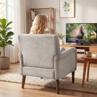 HOMCOM Fauteuil de salon, canapé 1 place avec dossier haut, accoudoirs, assise large, pieds en bois d'hévéa, tissu en lin, gris(m-9)