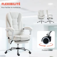 Vinsetto Fauteuil de bureau direction massant chauffant hauteur réglable dossier inclinable toile de lin blanc(m-7)