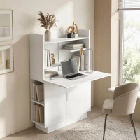 HOMCOM Bureau d'ordinateur pliant, bureau informatique avec plateau rabattable, étagères et placard, 80x30x128cm, blanc(m-10)