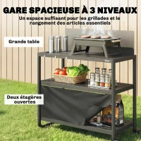 Outsunny Chariot de Barbecue Desserte de Jardin Mobile avec Pare-vent 3 Niveaux Rideau Oxford 100x46x110cm Noir(m-4)