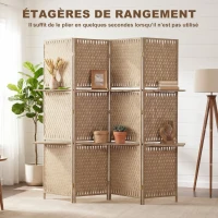 HOMCOM Séparateur de pièces 4 panneaux 2 étagères pliables naturel paille(m-7)