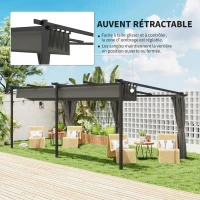 Outsunny Pergola rétractable avec rideaux latéraux, tonnelle de jardin en métal avec protection solaire UPF30+, gris foncé(m-4)