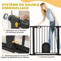 PawHut Barrière de sécurité animaux avec porte fermeture automatique système de double verrouillage, acier noir(m-4)