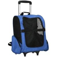 PawHut Sac de transport à roulettes pour chien 2 en 1 trolley chariot sac à dos pour chien chat avec poignée téléscopique, sacs de rangement, aérations, attache de sécurité, 42 x 25 x 55 cm, bleu(m-12)